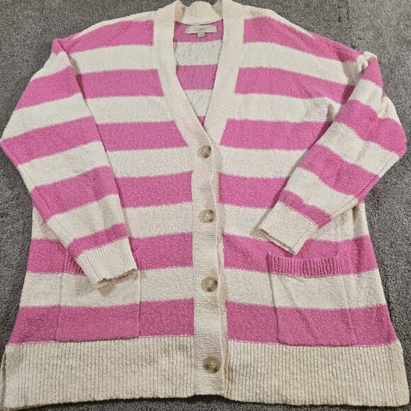 LOFT Pink Striped Women's Relaxed V-Neck Cardigan Size XL Double Pockets - Picture 2 of 8